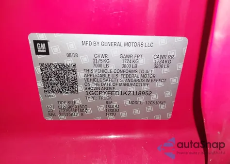 2019 Chevrolet Silverado 1500 Lt Trail Boss z USA, uszkodzony, nr VIN 1GCPYFED1KZ118952